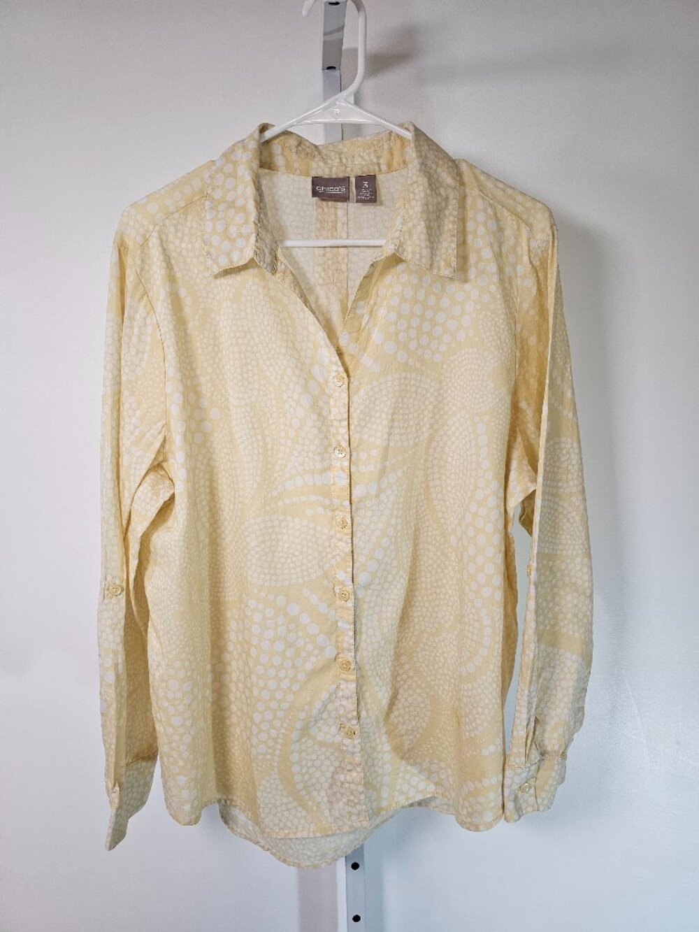Chico's Blouse Yellow White Polka Dot Floral Button Up Casual 3 (L)